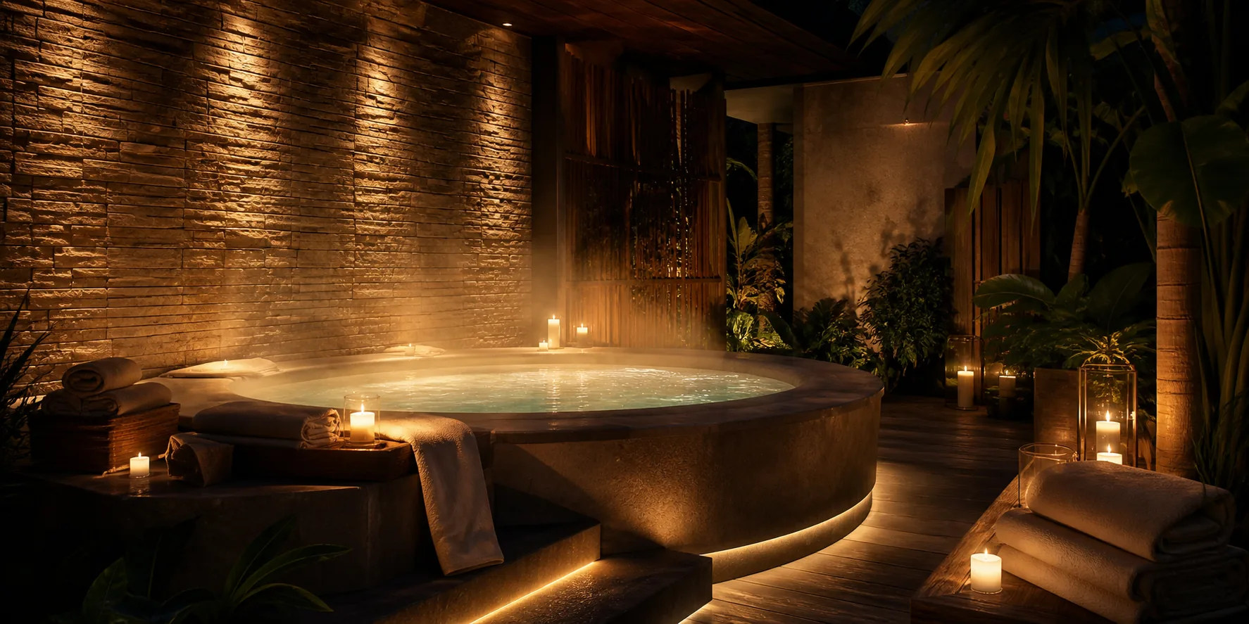 Jacuzzi privé et bougies dans une ambiance spa premium