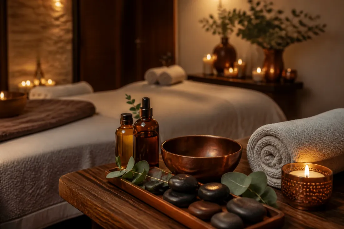 Ambiance massage tonifiant avec pierres chaudes, huiles et eucalyptus à Mermoz