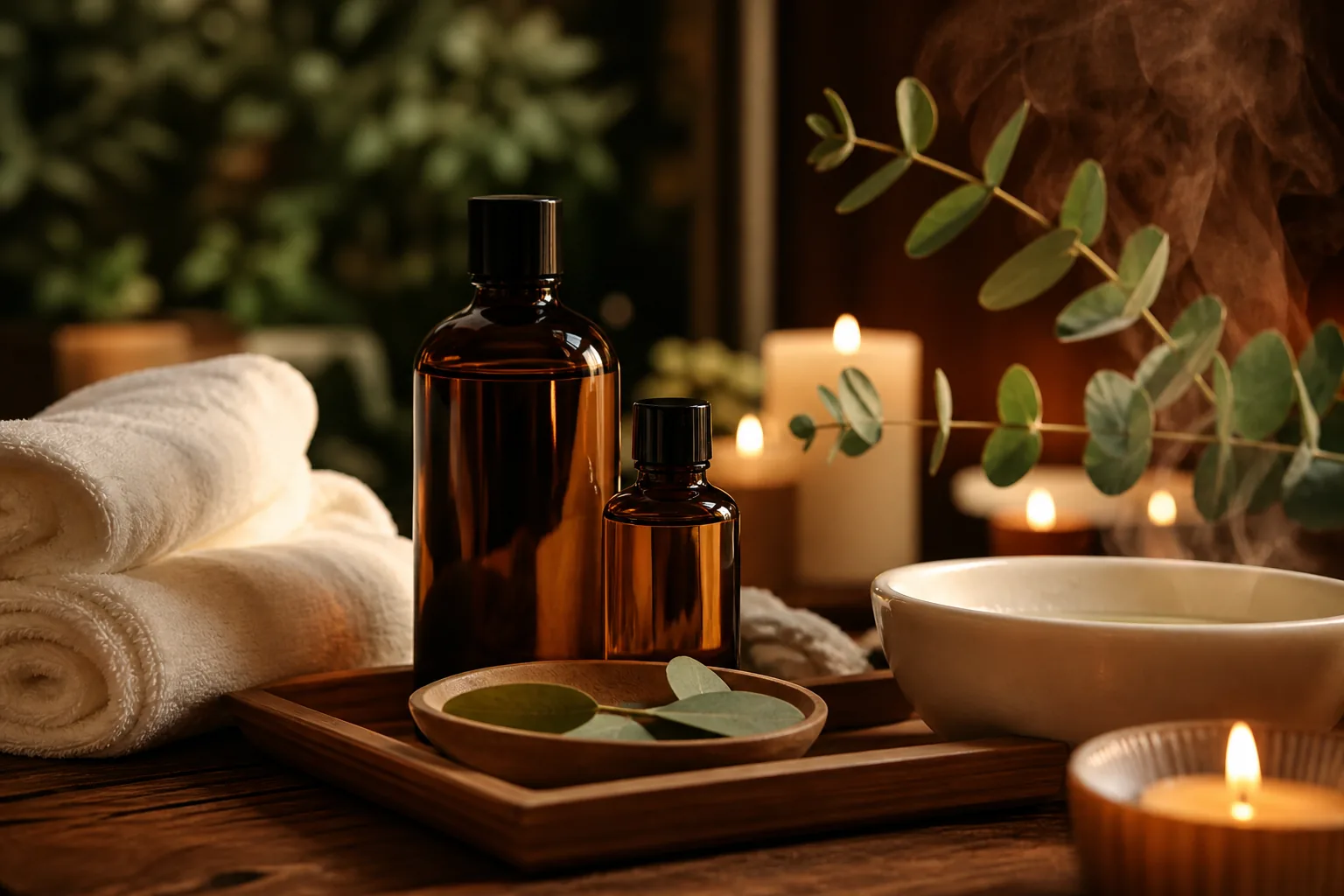 Huiles, serviettes et bougies dans une ambiance spa haut de gamme