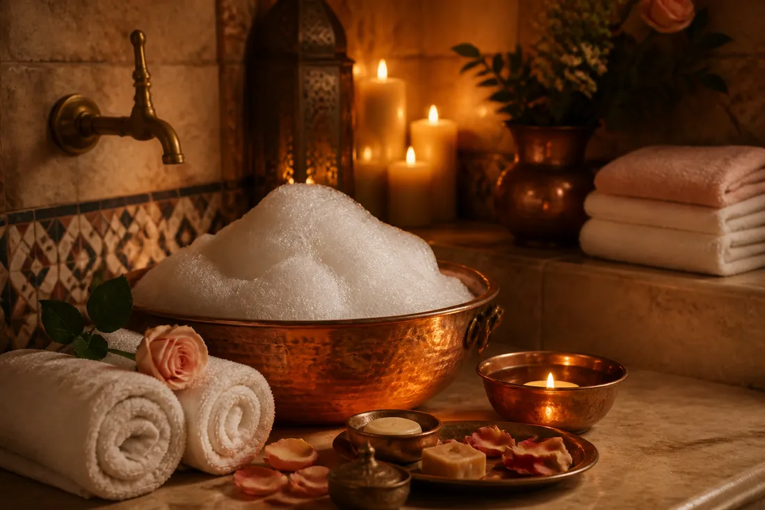 Rituel savonnage avec vapeur, serviettes, bougies et pétales au SPA Dakar